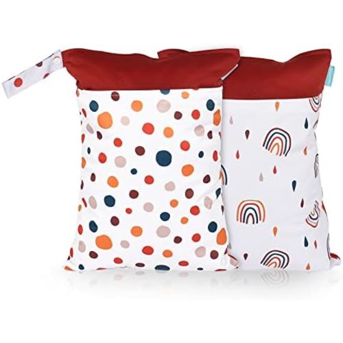 MOMIGO 2 pcs/set Wet Dry Bags for Baby Cloth Diapers - Reusable, Washable for Stroller, Diapers, Toiletries, Travel Bags, Beach, Pool, Gym Bag with Two Zippered Pockets 11.8 * 15.7 inch (Rainbow)