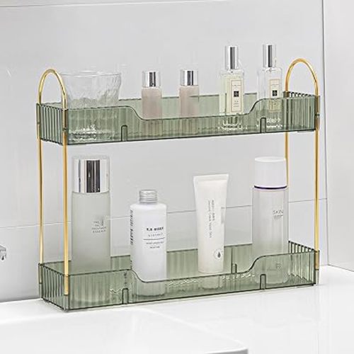 YCIA&DONE 2 Tiers Narrow Vanity Makeup Organizer, Bathroom Organizers Countertop Slim, Perfume Holder Skincare Storage Cosmetic Shelf Spice Rack, for Small Desktop Counter Space, Vintage Green