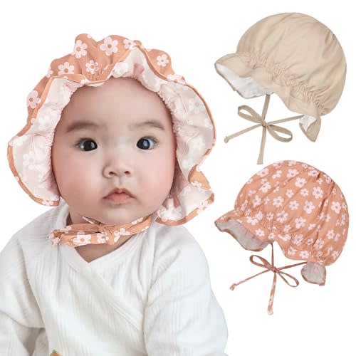 Play Tailor Newborn Sun Hat Baby Bonnet 2Pcs Adjustable Baby Sun Hat Infant Summer Hats for 0-18 Months Toddler