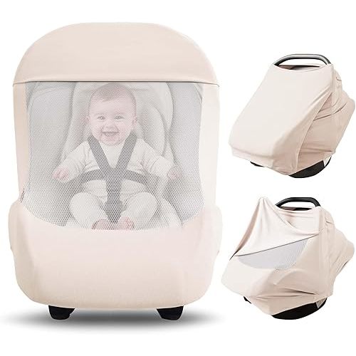 Konssy Baby Car Seat Cover with Breathable Mesh Window, Stretchy Windproof and Sunshade Canopy for Infant Car Seats, Boys and Girls