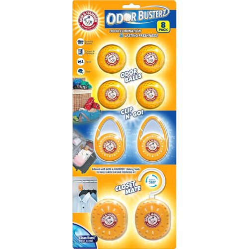 Arm and Hammer Odor Busterz Deodorizer Balls Mixed Pack: 4 odor eliminating balls, 2 with handy clips, 2 with hangers, 8 total for closets, bathrooms, work & sports gear, laundry hamper (8 Count)
