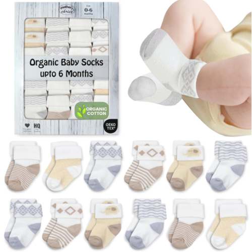 Mother's Choice Organic Cotton Baby Socks, 12 Pairs, Unisex 0-6 Months - Soft, Hypoallergenic Newborn & Infant Socks - Baby Girl & Boy Gifts, (12Pcs, Brown)