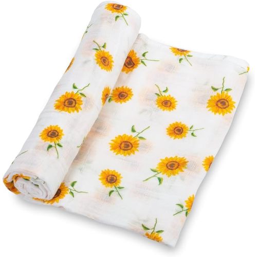 LollyBanks Baby Blanket, 100% Cotton Muslin Swaddle Blankets for Girls, Large 47 x 47 Inches Newborn Blanket, Soft and Breathable Receiving Blankets, Baby Essentials, Registry (Sunflower Print)