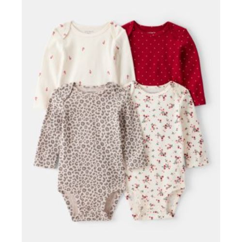 Baby Cotton Long-Sleeve Bodysuits, 4 Pack