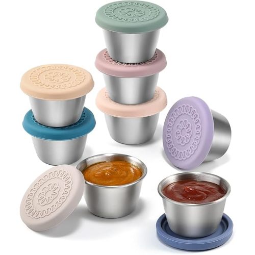 [8 Pack] Salad Dressing Container To Go, 2.4oz Small Condiment Containers with Leakproof Silicone Lids, Reusable Stainless Steel Sauce Cups for Lunch Bento Box, Picnic and Travel