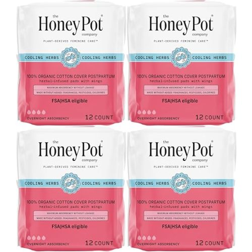The Honey Pot Company - 48ct - Herbal Postpartum Pads w/Wings - Infused w/Essential Oils for Cooling Effect, Organic Cotton Cover, & Ultra-Absorbent