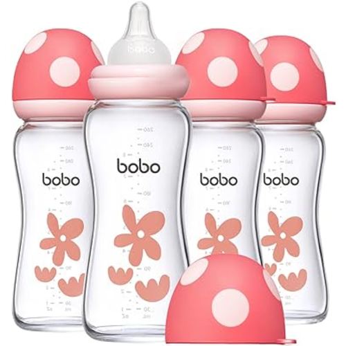 YOHKOH Natural Glass Baby Bottle with Natural Response Nipple, Newborn Anti-Colic Baby Bottles, Wide Neck Mushroom Cap Baby Bottle, Clear (Red, (8.8oz (Pack of 4))