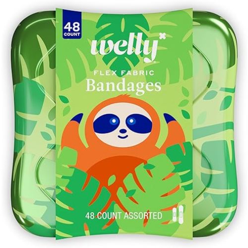 Welly Bandages | Adhesive Flexible Fabric Bravery Badges | Assorted Shapes for Minor Cuts, Scrapes, and Wounds | Colorful and Fun First Aid Tin | Pets Patterns - 48 Count