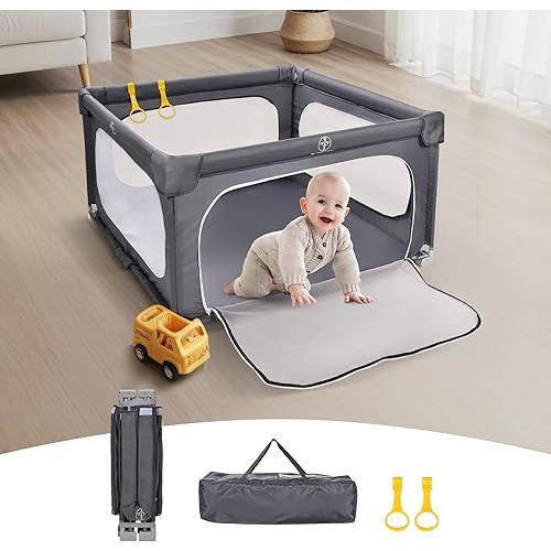 Foldable Baby Playpen, 50×50 Inch Play Pens for Babies and Toddlers, Indoor & Outdoor Kids Safety Fence with Gate, Portable Play Yard with 360° Visible Mesh and Carrying Bag, Grey