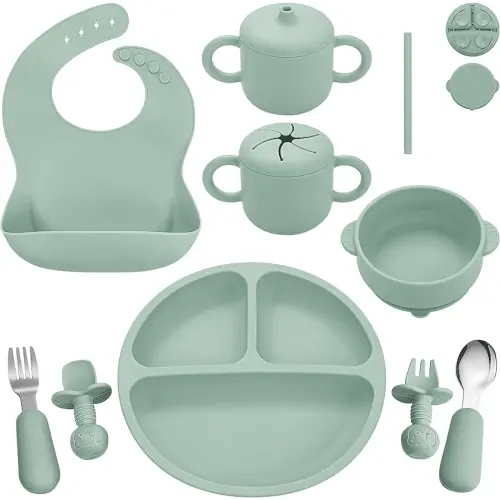 Silicone Baby Feeding Set, Baby Led Weaning Supplies, Eating Essentials Utensils with Suction Plate and Bowl, Pocket Bib, Sippy Cup with Lid, Forks Spoons Snack Container, for 6+ Months, Green