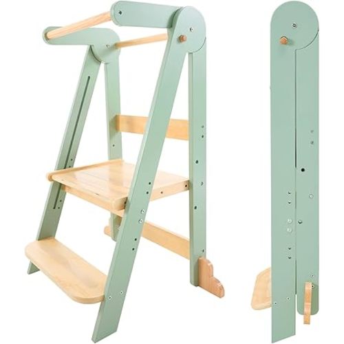 Nordi Foldable Toddler Kitchen Tower, Montessori Kitchen Stools Helper, Standing Tower with 3 Adjustable Heights, Suitable Age for 2-6 Years, Sage