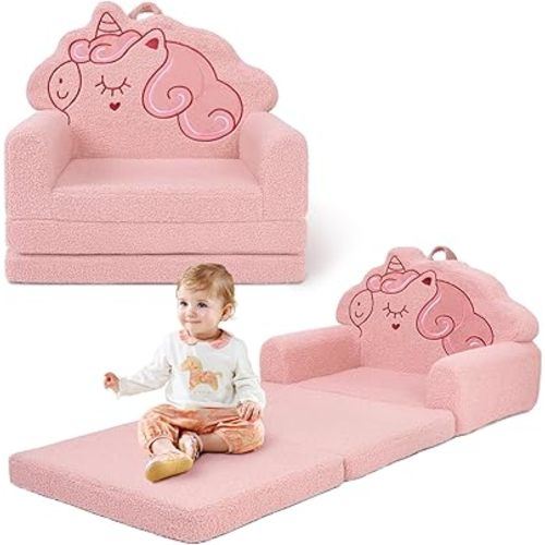 TinyPalsa Kids Couch, 53.1”x23.6” Sofa Bed, Convertible Sofa to Lounger Fold Out, Pink Unicorn Design Chair for Toddlers 1-3, Gift for Birthday, Movie Night