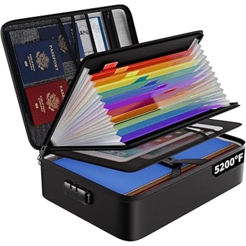 ENGPOW Fireproof File Organizer Bag with 13 Colorful Pockets Accordion File Folder,5200℉ Document Organizer Box with Lock&Labels,Multi-Layer Portable Home Safe Storage for Important Documents,Files