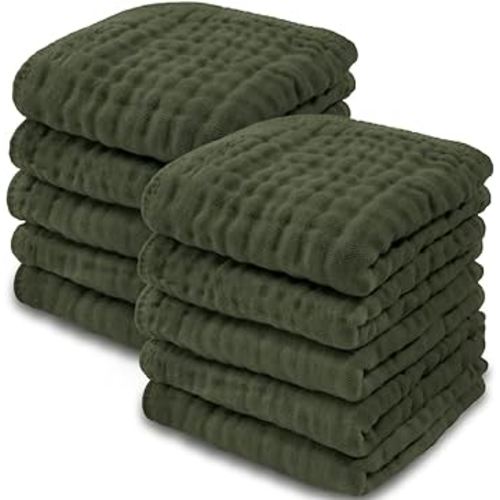 Baby Washcloths, Muslin Cotton Baby Towels, Large 10”x10” Wash Cloths Soft on Sensitive Skin, Absorbent for Boys & Girls, Newborn Baby & Toddlers Essentials Shower Registry Gift (Kelp, Pack of 10)