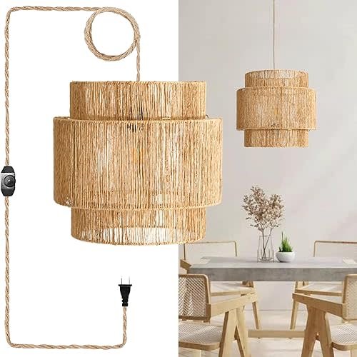 Jute Hanging Lamp Plug in, Natural Wicker Pendant Light with 3-Way Dimmable Switch, Hanging Ceiling Light Fixture for Kitchen Island, Bedroom, Dining, Living Room (No Bulb Included)