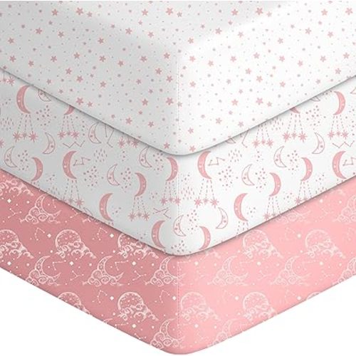 Baby Crib Sheets for Boys Girls, Fitted Crib Sheet Neutral 3 Pack for Standard Crib and Toddler Mattress, Breathable Soft Microfiber Baby Sheet 28x52x8in Pink White Moon