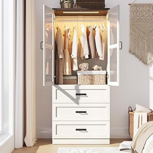 75" Tall Farmhouse 2 Doors Armoire Wardrobe Closet with 3 Drawers and LED,Freestanding Closet Wardrobe Cabinet for Bedroom with Hanging Rod,Wooden Armoire Storage Cabinet Adjustable(Rustic Off White)