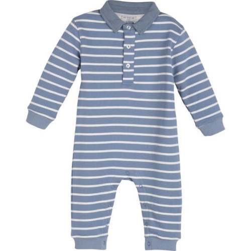 Baby Thatcher Polo Coverall, Dusty Blue & Cream Stripe - 0-3mo