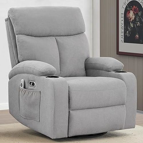 Power Swivel Rocker Recliner Massage Chair for Adults, Electric Rocking Recliner Glider Chairs for Living Room with USB and Type-C Ports, Upholstered Fabric Reclining Sofa Chair (LightGrey)