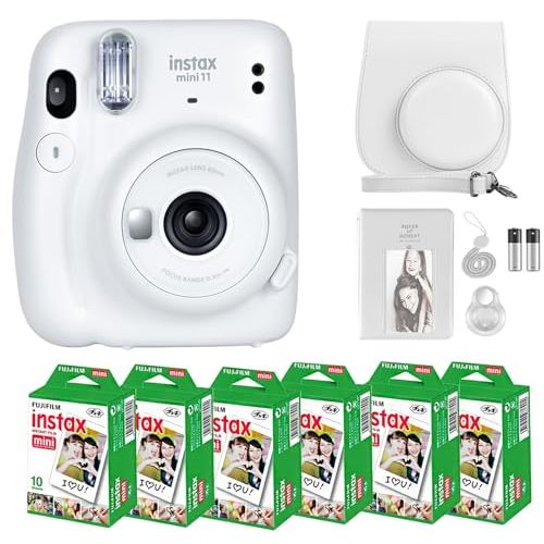 Fujifilm Instax Mini 11 Camera with Fujifilm Instant Mini Film (60 Sheets) Bundle with Deals Number One Accessories Including Carrying Case, Selfie Lens, Photo Album, Stickers (Ice White)