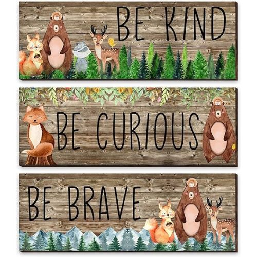 Jetec 3 Pcs Woodland Nursery Decor Woodland Animals Wall Art Wood Rustic Forest Safari Jungle Animals Room Decor Baby Nursery Decorations 11 x 4 Inch Be Kind Brave Curious Sign Pictures for Bedroom
