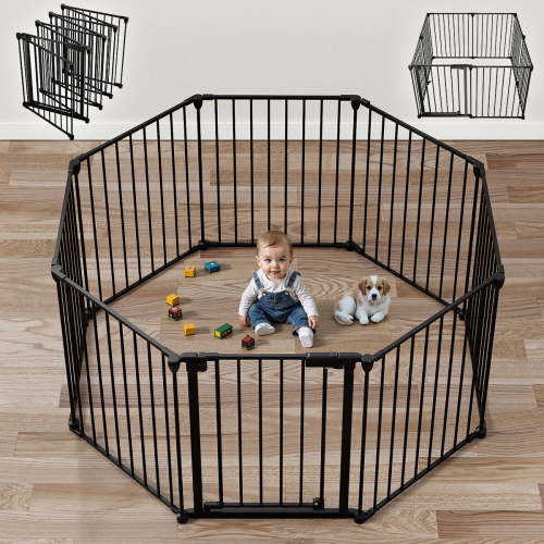 Baby Gates, Caveen 8Panel 198" Extra Wide 30" Tall Baby Gates Fireplace Fence Toddler Playard, Black