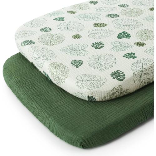 Blissful Diary Muslin Bassinet Sheets for Baby Girls Boys, Boho Soft Cotton Fitted for Oval Hourglass Rectangle Mattress, 2 Pack(Monstera&Dark Green)