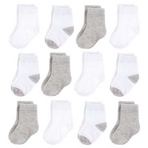 Hudson Baby Infant Unisex Cotton Rich Newborn and Terry Socks, White Gray, 0-6 Months