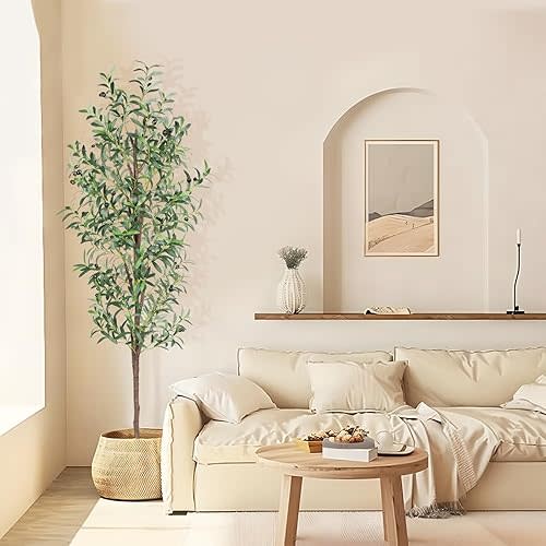 Artificial Olive Tree, 6FT Tall Faux Olive Trees 72in Outdoor Fake Potted Silk Plant with Trunk and Realistic 648 Leaves and 24 Fruits for Modern Office Home Decor Indoor(1pack)