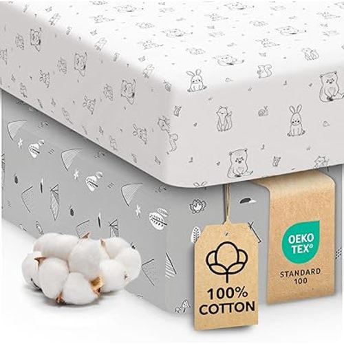 Sweety Fox 2-Pack Crib Sheets - Soft Cotton Jersey Fitted Sheets for Boys and Girls, Mini Crib Sheets, Toddler Bed Sheets (Woodland)