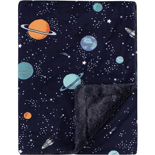 Hudson Baby Unisex Baby Plush Blanket with Furry Binding and Back, Space, One Size