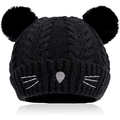 Bienvenu Baby Toddler Infant Boy Girl Winter Beanie Hat, Cat Embroidered Pom Knit Hat, Newborn Fleece Lined Warm Skull Cap