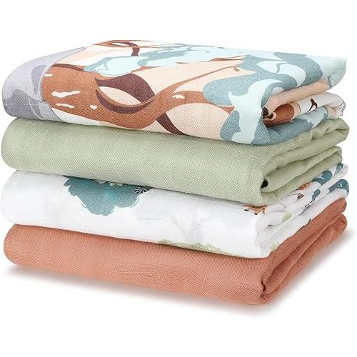 Muslin Swaddle Blankets, Nursery Receiving Blankets for Girls & Boys, Soft & Breathable Baby Muslin Swaddle, Large 47 x 47 inches, New Born Essentials, 4 Pack, Wonder Grassland