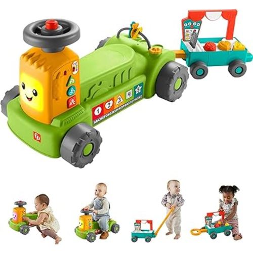 Fisher-Price Baby to Toddler Toy Laugh & Learn 4-in-1 Farm to Market Tractor Ride On with Pull Wagon & Smart Stages for Infants Ages 9+ Months