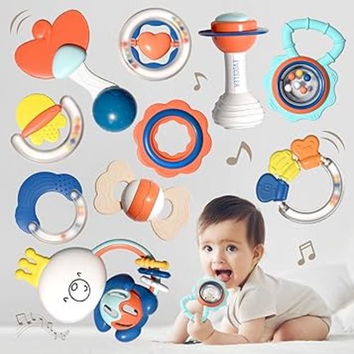 Evoceler Baby Rattles - 10 Pcs Food Grade Teething Toys 0-12 Months, Features Rattle Sound, Soft Baby Rattles 0-6 Months for Gums Soothing, Baby Teether Baby Shower Gifts with Storage Box