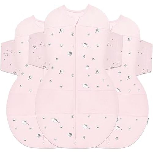 Happiest Baby SNOO Sleep Sack - 100% Organic Cotton Baby Swaddle Blanket - Doctor Designed Promotes Healthy Hip Development - 3-Pack Bundle (Rose Planets, S, M, L)