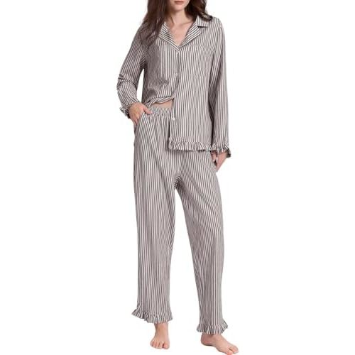 COZYPOIN Womens Striped Pajamas Set 2 Piece Cotton Button Pjs Sleepwear Cute Ruffle Long Sleeve Shirt Pants Lounge Set