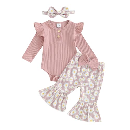 fhutpw Newborn Baby Girl Clothes Rib Frill Long Sleeve Romper Daisy Flared Pants Headband Set 3pcs Fall Winter Outfits