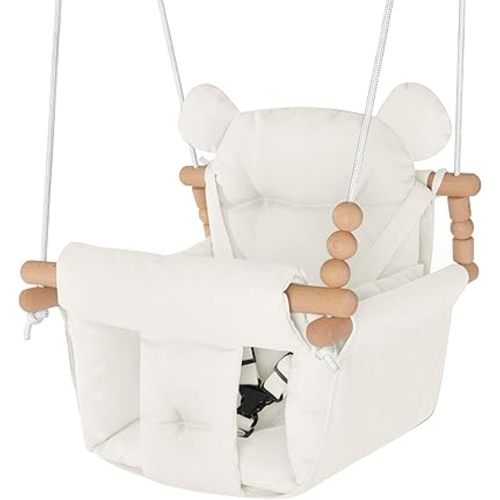Baby Swing Indoor Outdoor, Secure Canvas Baby Swing, Toddler Swing Seat,Wooden Baby Hanging Swing for Infant,3-Point Adjustable Safety Harness,Mounting Hardware Included,Gift for Baby Boys Girls,White
