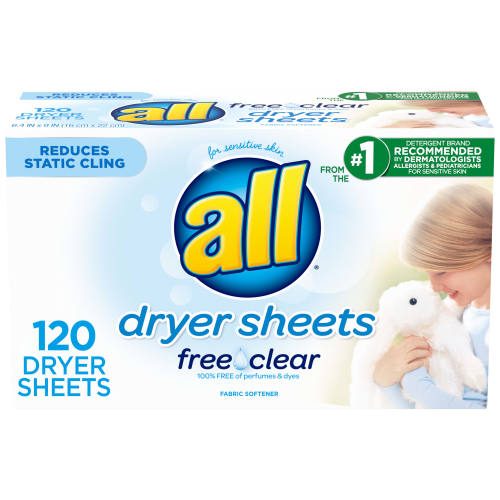 all Fabric Softener Dryer Sheets Free Clear for Sensitive Skin, 120 Count