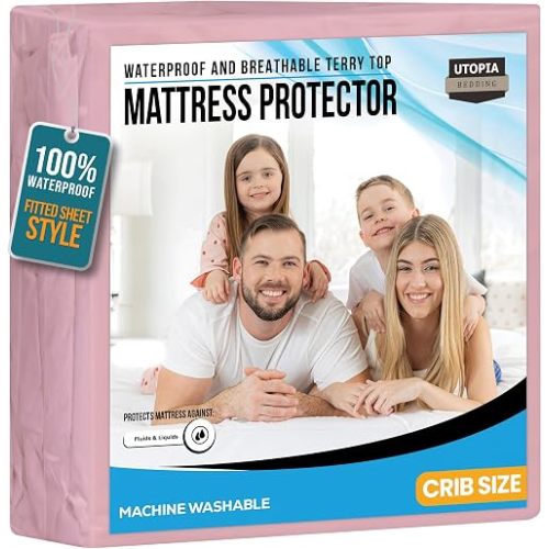 Utopia Bedding Waterproof Mattress Protector, Premium Terry Mattress Cover 200 GSM, Breathable, Fitted Style with Stretchable Pockets (Pink, Crib)