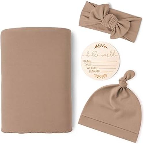 Konssy Baby Girl Newborn Receiving Blanket with Matching Headband and Beanie Set Baby Swaddle Nursery Swaddle Wrap