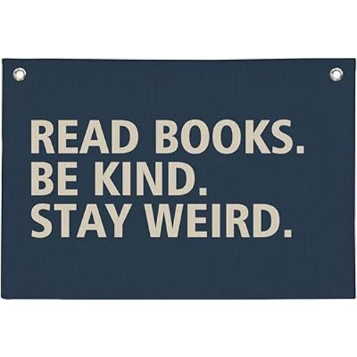 Read Books Be Kind Stay Weird Book Reading Wall Hanging Canvas Banner, Navy Blue Read Hanging Banner Flag Wall Art Decor for Kids Reading Room Corner Nook Classroom,Poster Hanger Frame 20x30 Inch