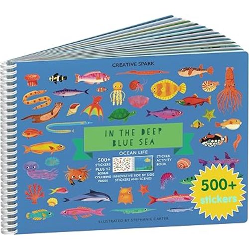 Cupkin Ocean Sticker Book Activity for Kids, Toddler Airplane Travel Essentials, 500+ Shark Stickers for Kids + 12 Scenes + 12 Coloring Book Pages, Deep Blue Sea Gift, Kid Crafts Ages 2-8