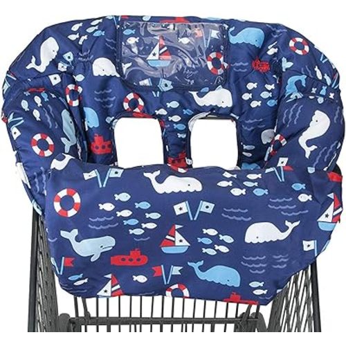 2-in-1 Shopping Cart and High Chair Cover for Baby~Padded~Fold'n Roll Style~Portable with Free Carry Bag (Blue Whale)