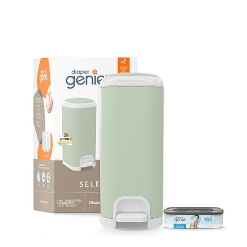 Diaper Genie Select Pail (Green) is Made of Durable Stainless Steel and Includes 1 Starter Square Refill That can Hold up to 165 Newborn-Sized Diapers.