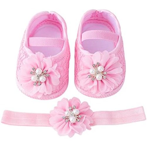 Baby Shoes with Hair Band Fashion Soft Soled Toddler Shoes Versatile Dress Flower Princess Shoes Toddler High Tops Girls