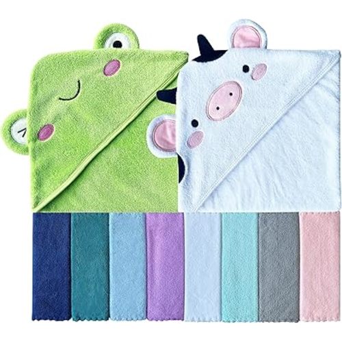 Sunny zzzZZ Baby Hooded Bath Towel and Washcloth Sets, Baby Essentials for Newborn Boy Girl, Baby Shower Towel Gifts for Infant and Toddler - 2 Towel and 8 Washcloths - Frog and Cow