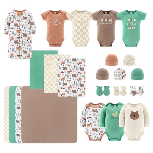The Peanutshell Newborn Baby Layette Gift Set for Baby Boys, Woodland Animals, 23 Essential Pieces, 0-3 Months