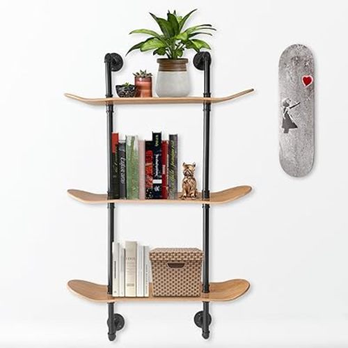 Industrial Shelves - 3 Tier Floating Shelf Bookcase with Mellow Concave Skateboard Decks - Natural Wood Stain Finish - Easy to Assemble - Bathroom Wall Decor, Book Shelf for Living Room